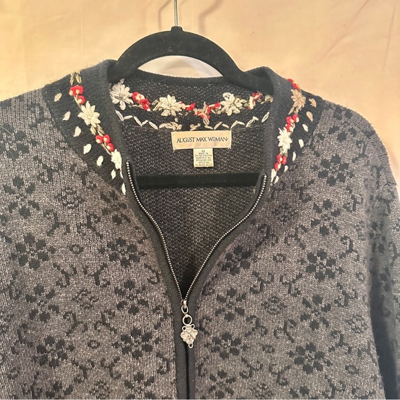 August Max Woman Vtg Size 1X Lambs Wool Cardigan Christmas Embroidery Zip Front - Picture 3 of 14